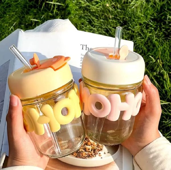 Cute Glass Straw Cup For Girls – 350ml